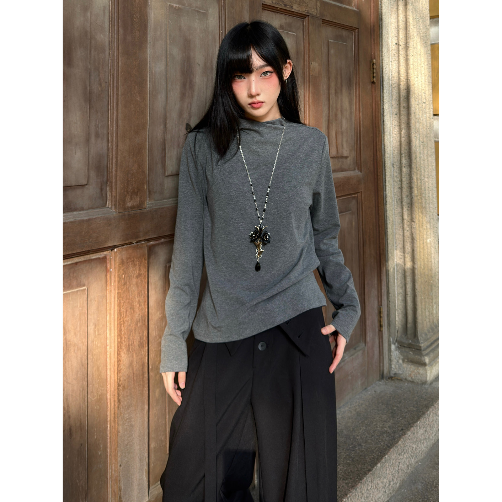 FG721 黑灰色圆领针织打底衫女秋冬内搭外穿磨毛正肩长袖T恤上衣,女装/女士精品,T恤,淘宝优惠券,粉丝福利购,淘宝优惠卷