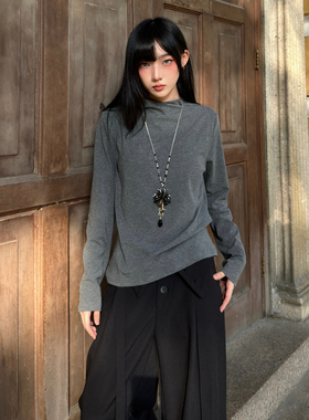 FG721 黑灰色圆领针织打底衫女秋冬内搭外穿磨毛正肩长袖T恤上衣