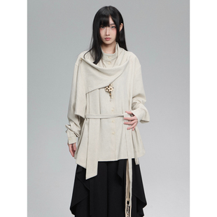 FG721 秋冬原创设计感小众上衣女新中式道袍绑带长袖衬衫外套衬衣