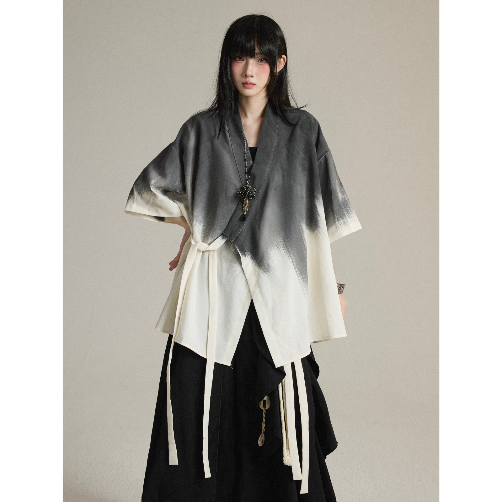 上衣女新中式道袍扎染绑带短袖