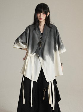 FG721 早秋山本耀司风上衣女新中式道袍扎染绑带短袖衬衫外套中性