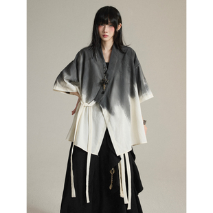 FG721 春季新款原创上衣女新中式道袍扎染绑带短袖衬衫外套中性