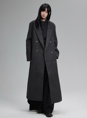 FG721原创小众高级感黑灰色风衣长款外套女秋冬过膝山本西装大衣