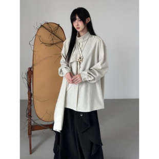 FG721原创高级感立领衬衫 女秋冬半高领飘带围巾设计感小众衬衣男