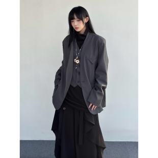 FG721原创小众高级感中性风双排扣假两件西装外套女秋冬西服上衣