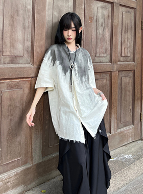 FG721新中式上衣女夏季薄款水墨设计感小众衬衫扎染国风短袖T恤男