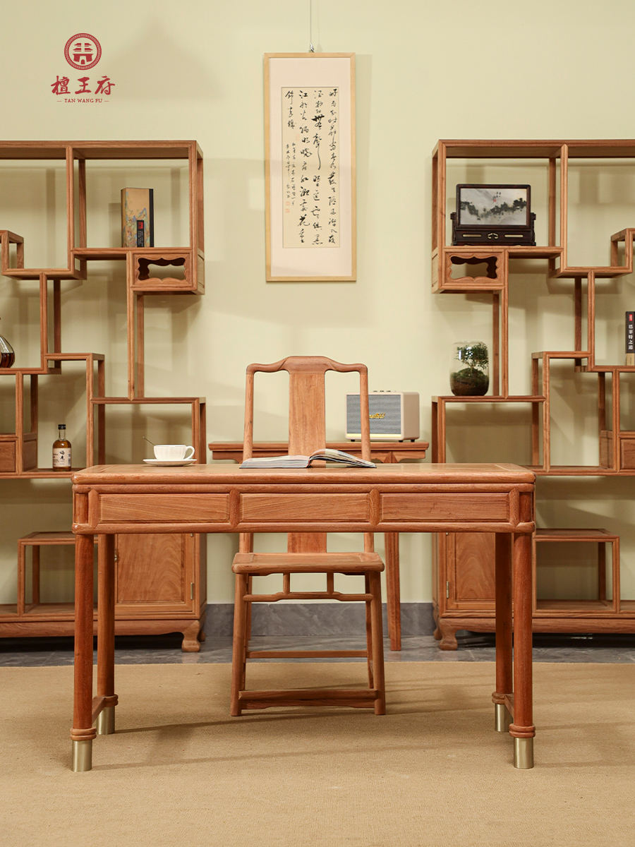 仙作檀阅大果紫檀明式圆包圆书桌画案缅花中式书房办公桌椅组合