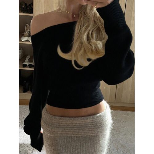 不对称露肩长袖毛衣女 Asymmetric off shoulder women's sweater