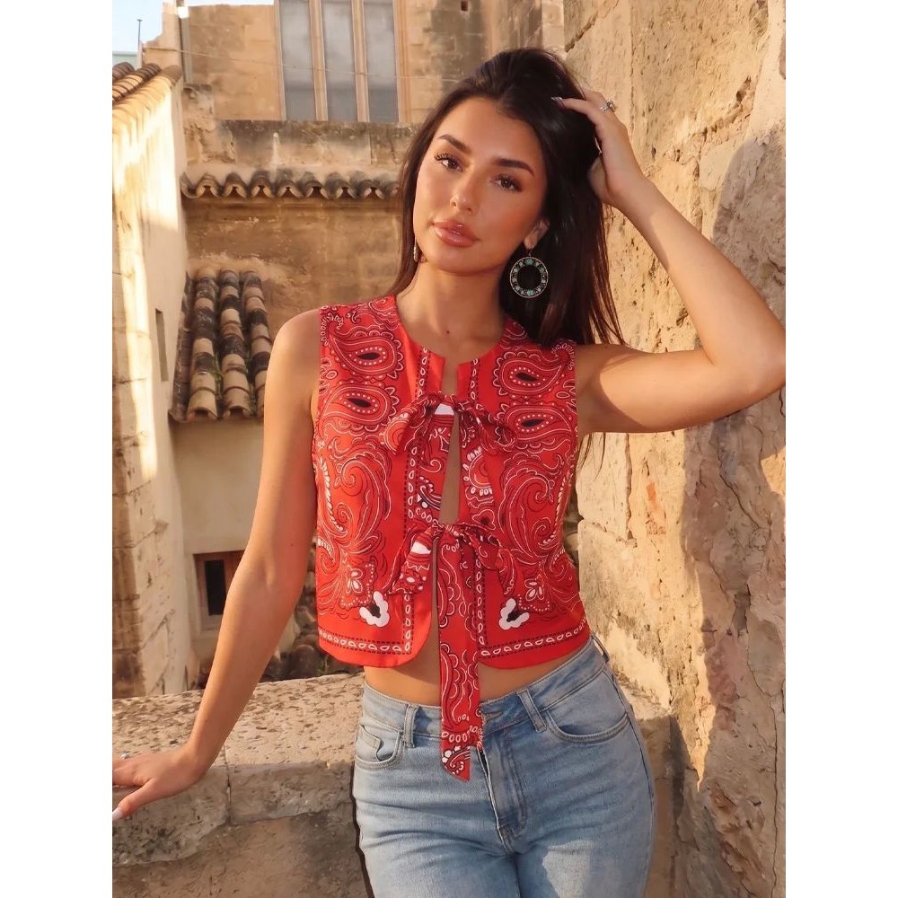 印花绑带露脐无袖马甲女 Printed strap with exposed navel vest - 实物图
