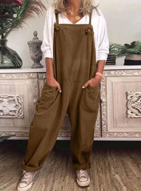 Solid patchwork multi pocket overalls 纯色拼接多口袋背带裤女