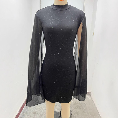 Mesh round neck hip hugging cloak dress女网纱圆领包臀连衣裙