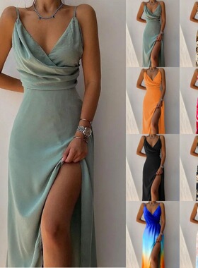 V-neck camisole slit waist long skirtv领吊带开叉收腰连衣长裙