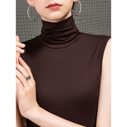 高领无袖上衣 High neck solid color off shoulder slimming top
