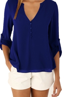 Neck Loose Irregular Shirt纯色V领不规则T恤女 Solid Color