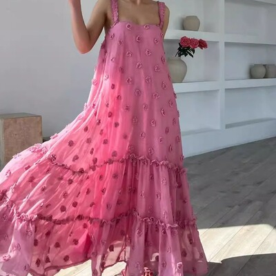 Solid color threedimensional floral dres纯色立体花大摆连衣裙