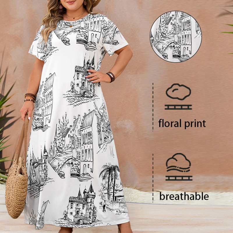 Round neck printed loose long dress女圆领印花宽松长款连衣裙
