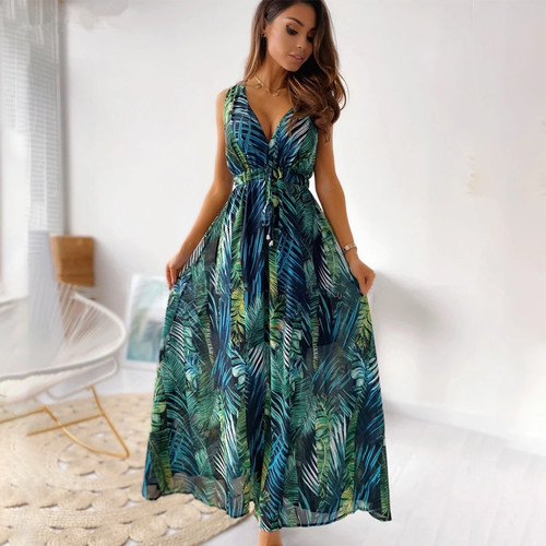 Printed V-Neck Backless Lace-Up Dress印花V领露背绑带连衣长裙