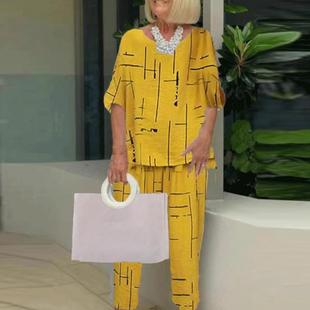 Sleeve Loose 套装 Neck 宽松长裤 Half Set圆领五分袖 Round Pants