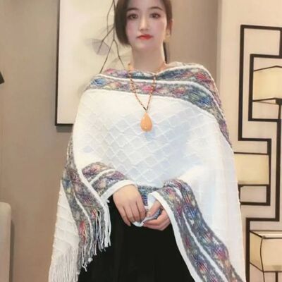 欧美风菱形格流苏斗篷披肩
