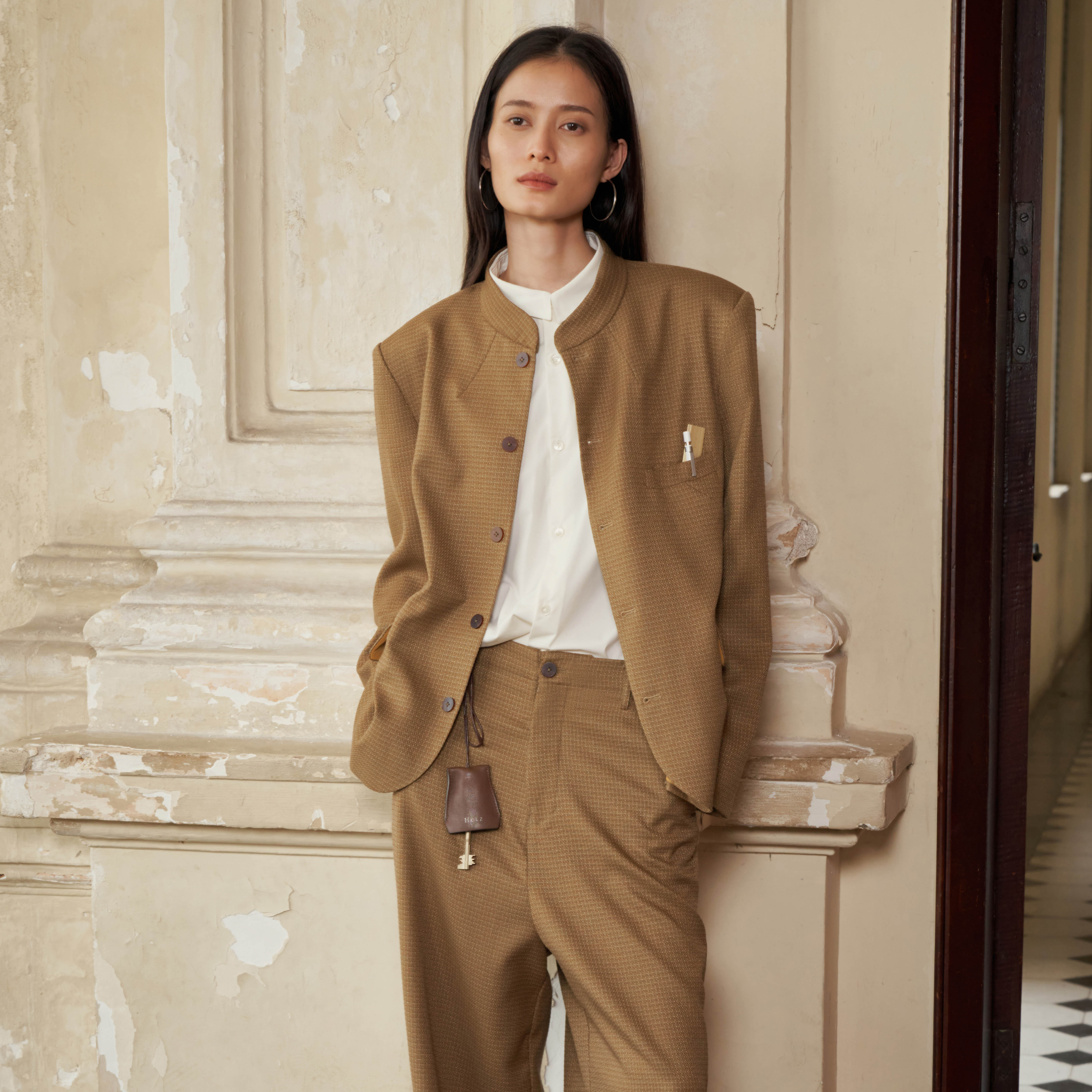 Herz松绿黄花呢中式立领中山西服