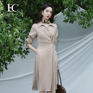 收腰衬衫连衣裙奕辰女装商场同款翻领修身正式场合中长裙夏季新款
