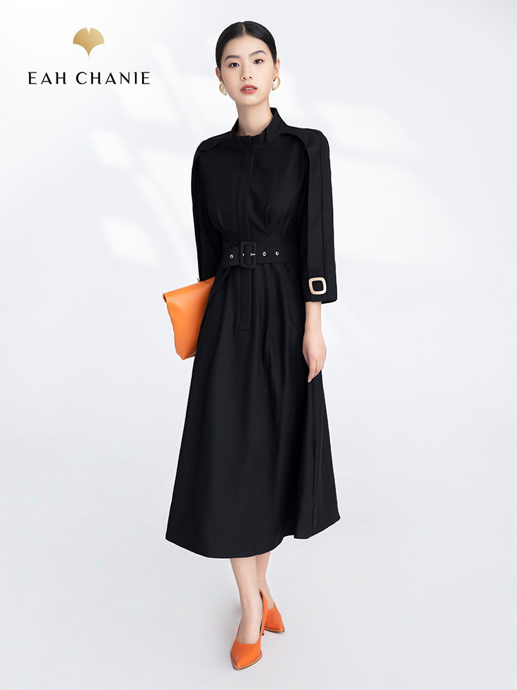 eahchanie奕辰黑色立领收腰长袖连衣裙简约通勤长裙子气质女神范