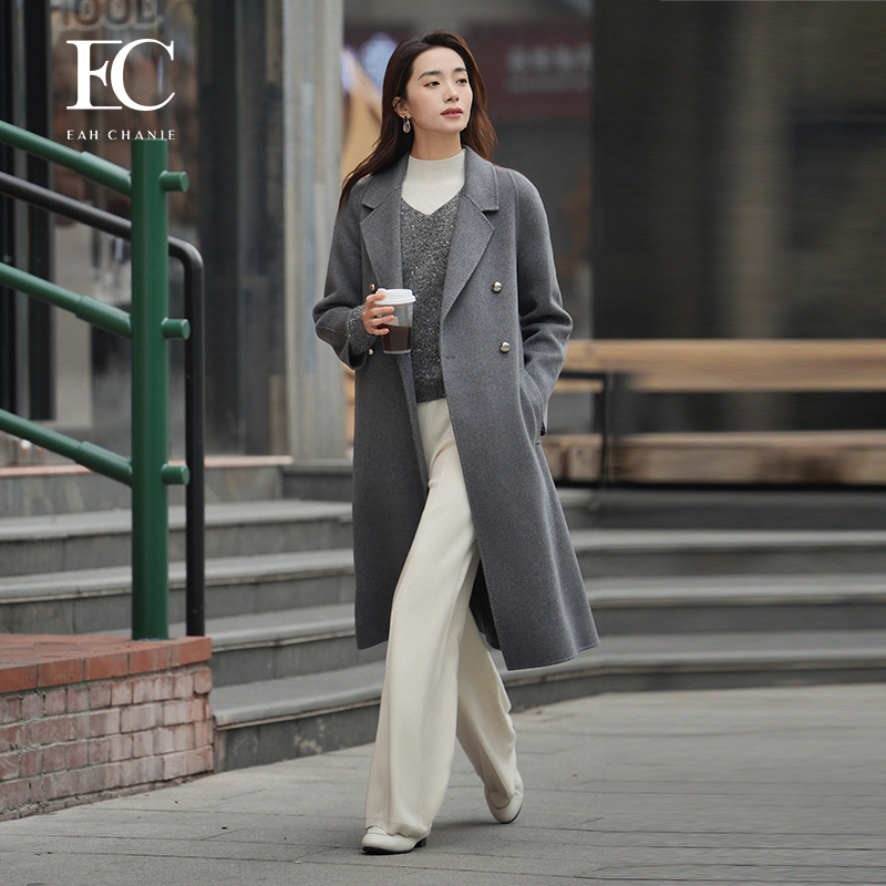 奕辰韩系英伦风修身长款毛呢外套