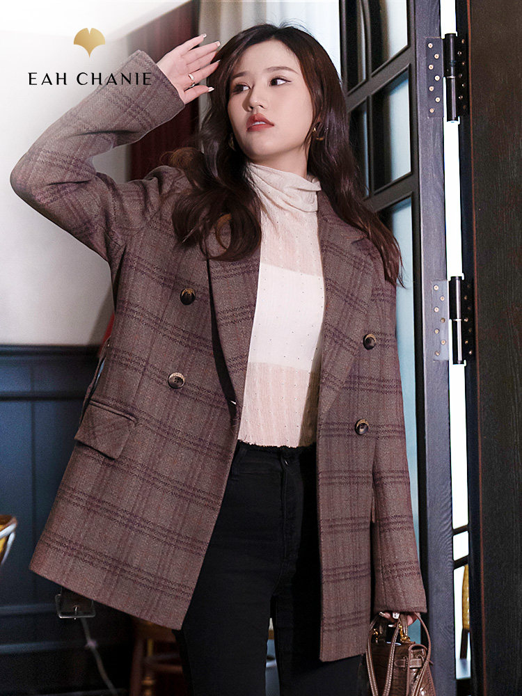 eahchanie奕辰女装翻领复古格子西装外套气质杆端羊毛大衣22冬