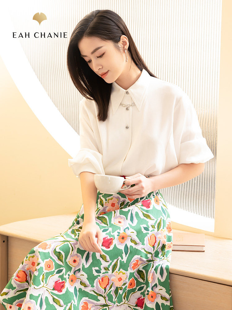 eahchanie奕辰纯白色设计感蝙蝠袖翻领衬衣款收腰显瘦气质衬衫女