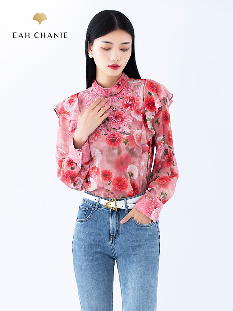 eahchanie奕辰粉色长袖真丝上衣立领减龄小衫印花桑蚕丝衬衫女夏