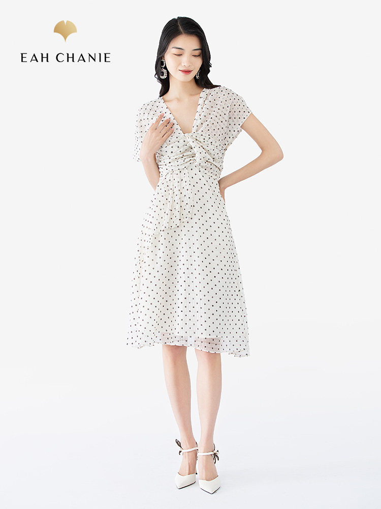 eahchanie奕辰网纱经典白色波点连衣裙淑女范中长裙公主范裙子