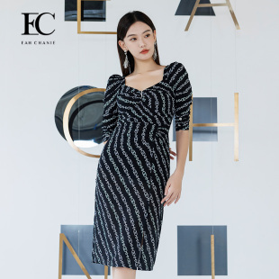 高腰包臀连衣裙通勤复古长裙子女eahchanie 中长款 奕辰夏季 新款