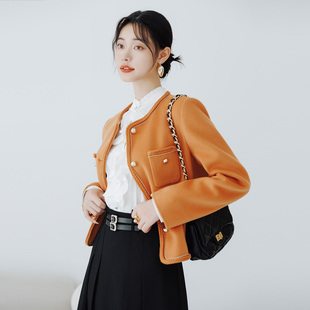 奕辰2025秋冬新款绵羊毛镶边链条短款外套法式小香风圆领长袖女