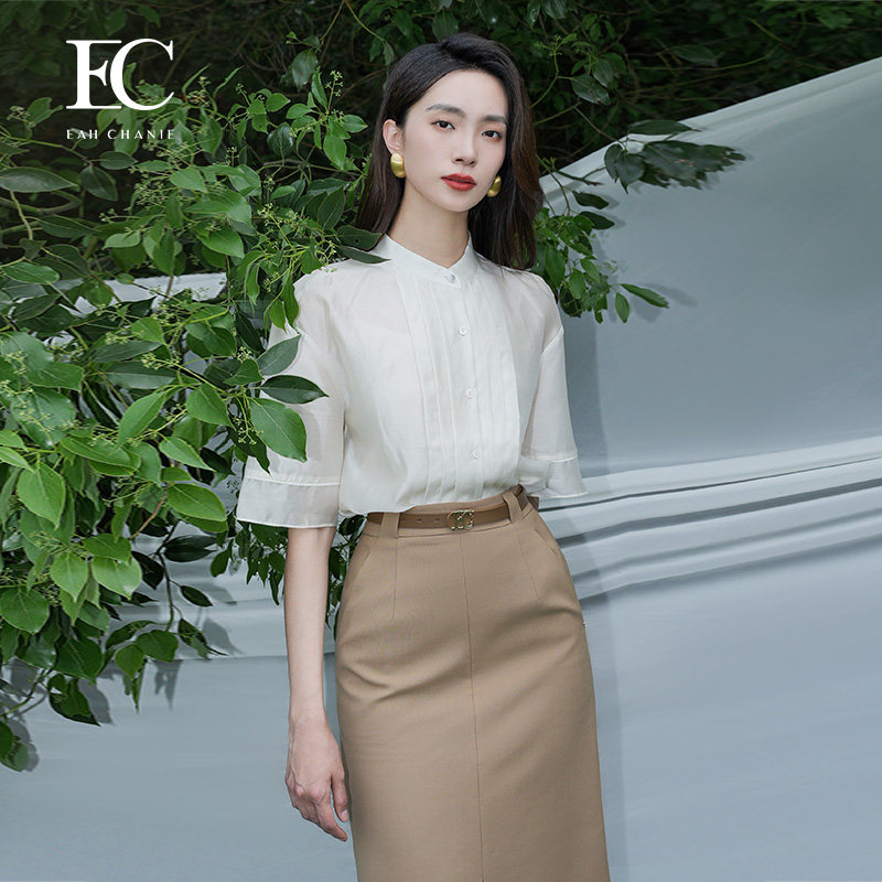 莱赛尔白衬衫奕辰女装商场同款简约薄款五分袖夏季新款（含吊带）