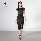 高腰扭结小黑裙法式 奕辰夏季 新款 优雅连衣裙中长裙子eahchanie