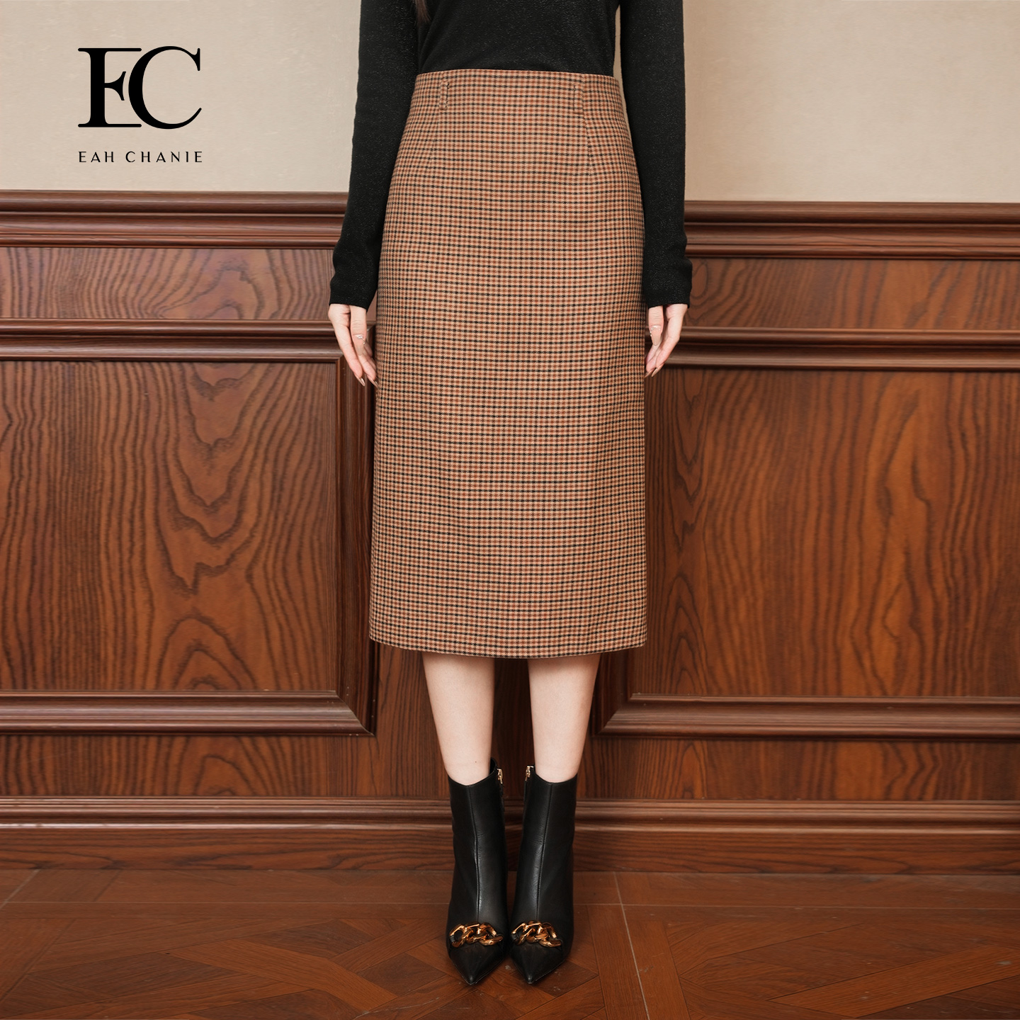 奕辰绵羊毛千鸟格后开叉半身裙