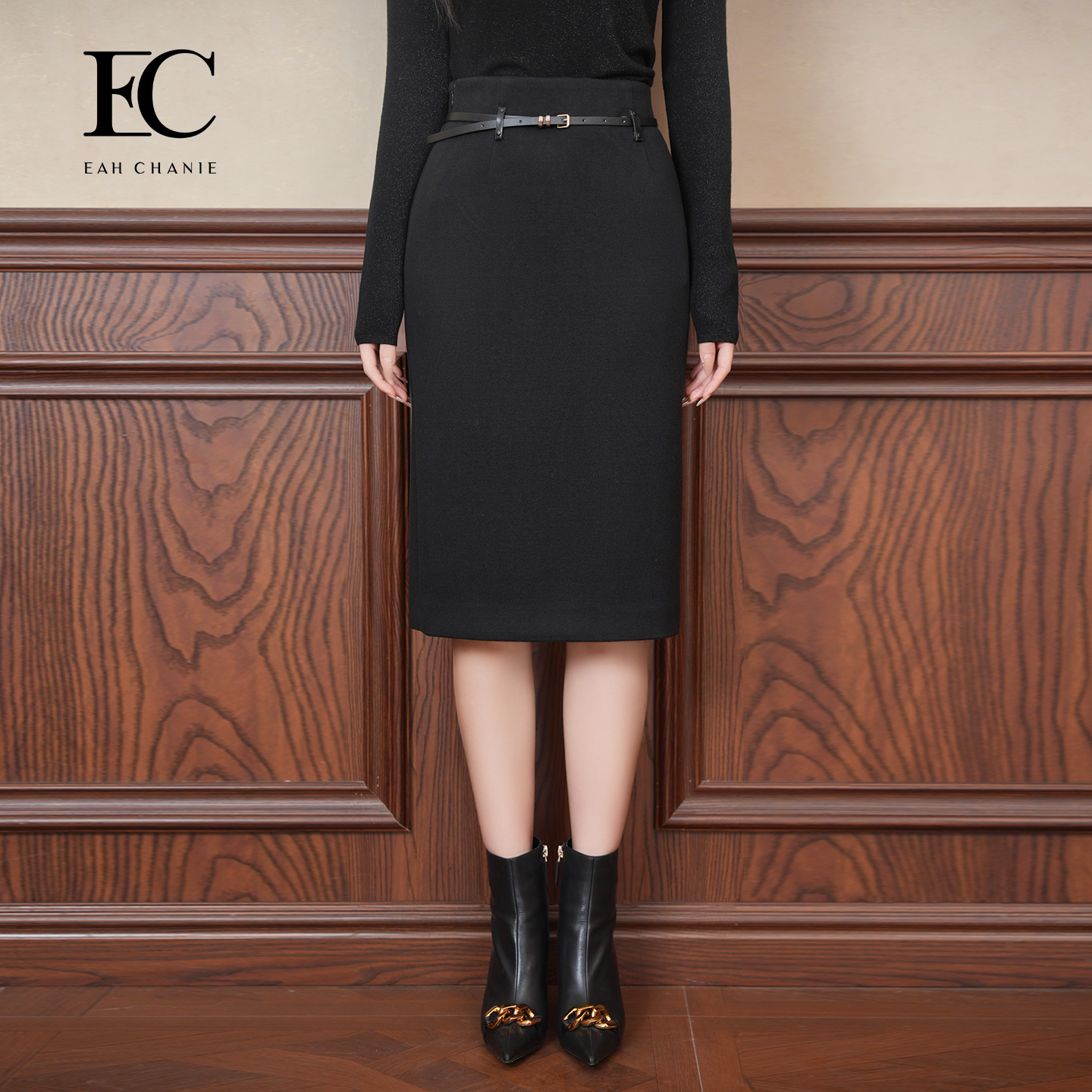 奕辰侧开叉高腰中长款包臀半身裙