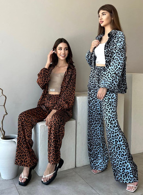 Leopard print shirt straight-leg pantsuit 豹纹衬衫直筒裤套装