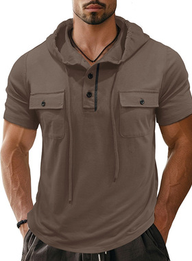 夏季短袖亨利衫休闲连帽上衣T恤Short sleeve hooded top T-shirt