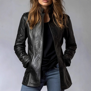 for jacket women 长袖 PU皮夹克外套 皮衣女立领哥特式 leather