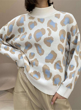 Leopardprint turtleneck loose knit韩版豹纹高领毛衣宽松针织衫