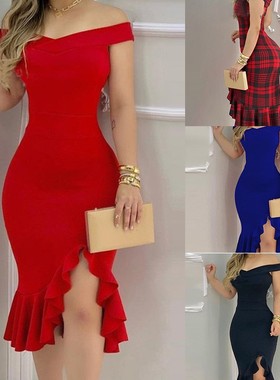 Sexy dress with elegant oneline neck优雅一字领性感高腰连衣裙