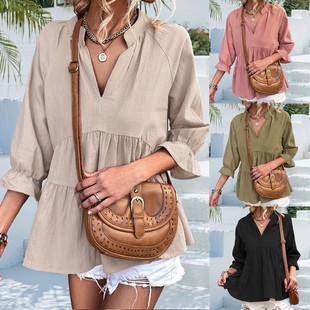 V-neck pleated short doll blouse girl跨境宽松V领褶皱短款上衣