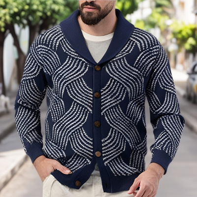 提花针织外套商务青果领开衫毛衣