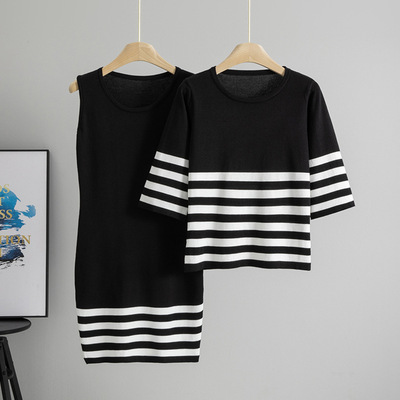 女装条纹背心裙五分袖毛衣套装