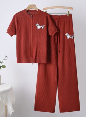 Knitted cardigan wideleg pants set针织开衫短袖上衣阔腿裤套装