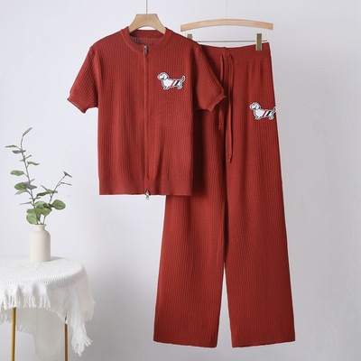 针织开衫短袖上衣阔腿裤套装