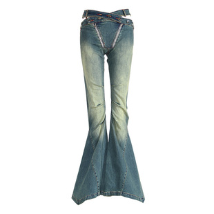 High-waisted pleated hot jeans flared 镂空高腰褶襟牛仔喇叭裤