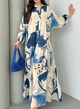 印花连衣裙宽松长袖气质v领长裙Long-sleeved elegant long dress