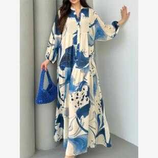 long 印花连衣裙宽松长袖 elegant sleeved dress 气质v领长裙Long